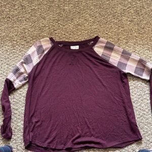 Maurices Burgundy Plaid Sleeve Long Sleeve Tee